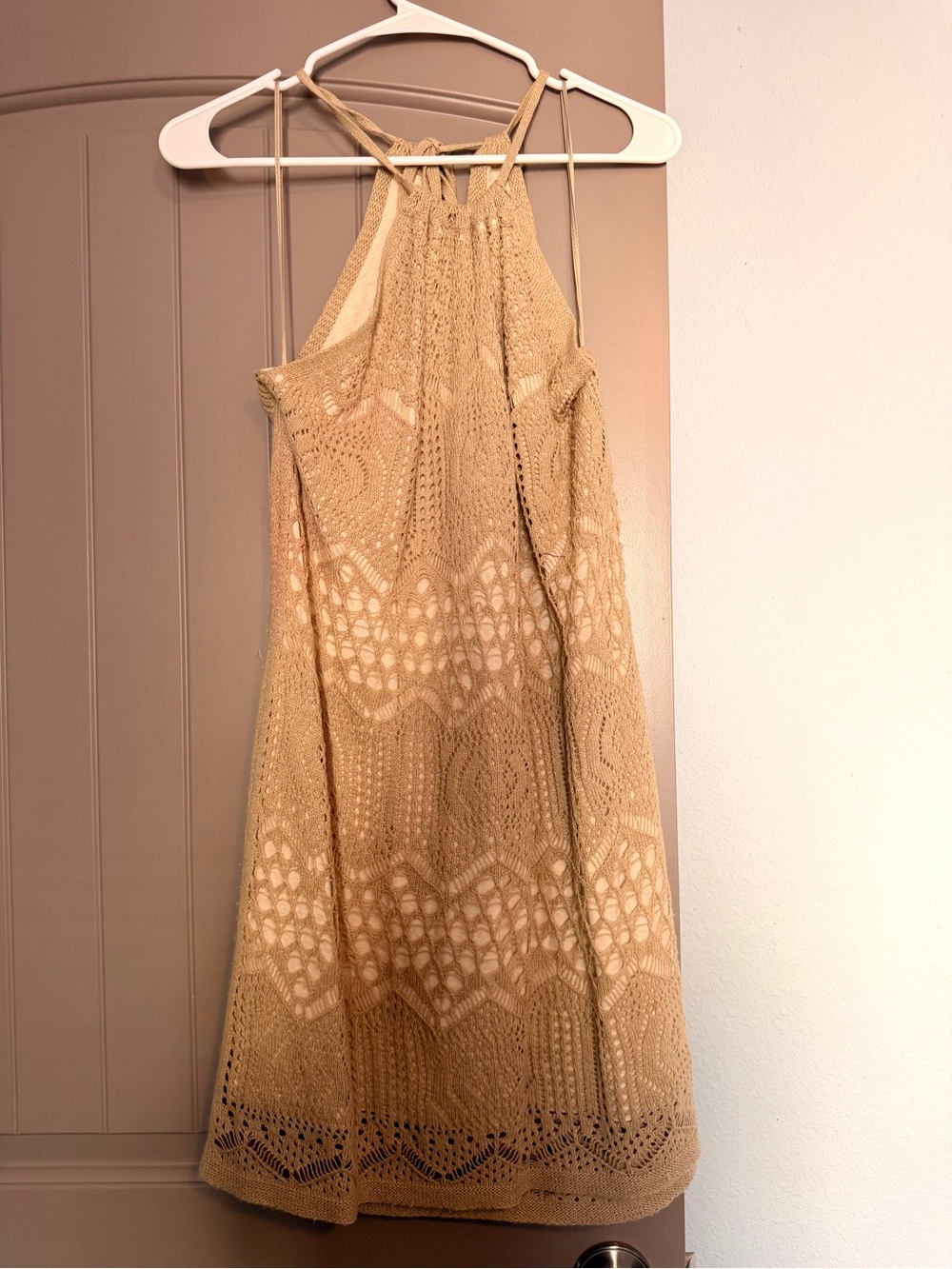Beige woven, lined, halter dress. Size “1” - Small.